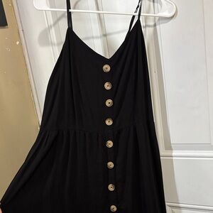 Spaghetti Strap Black Midi Dress with Button Front
